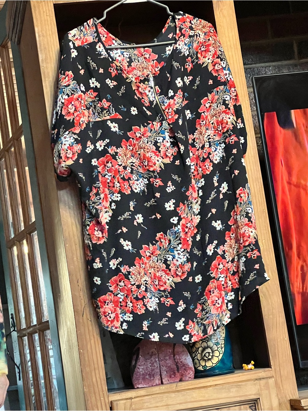 Maurices Black Floral V-Neck Blouse with Red Bloom Print
